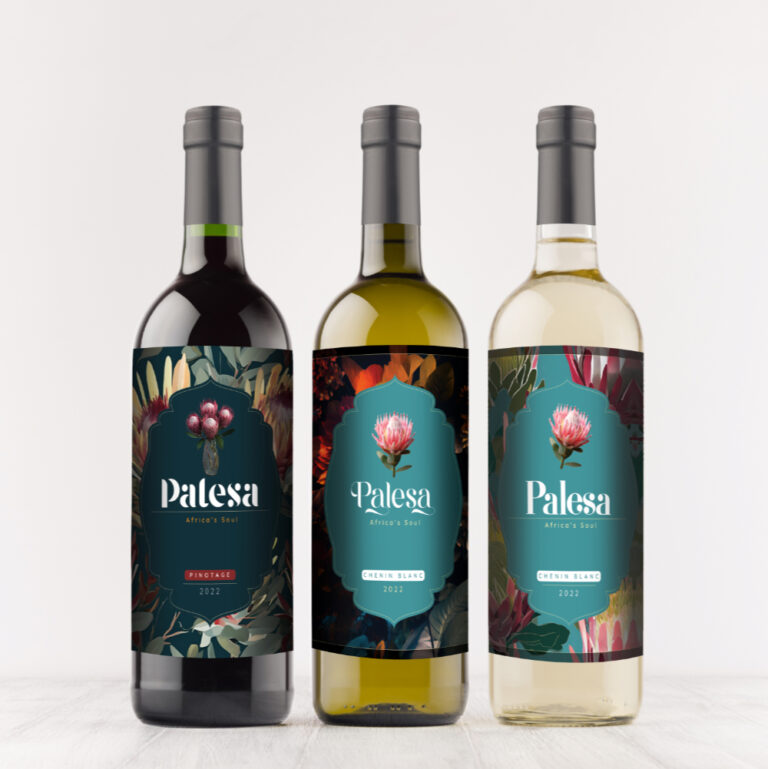 Transparent, green, black wine bottles with blank white labels on white wooden board, mock up. Template for advertising, design, branding identity.