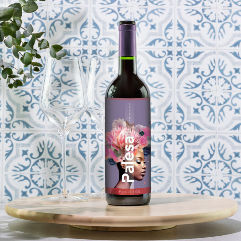 Mockup of bottle of red wine. Bottle with red wine on wooden podium opposite tile wall with eucalyptus leaves and shadows. Presentation, advertising or promotion sale natural wine. Front view
